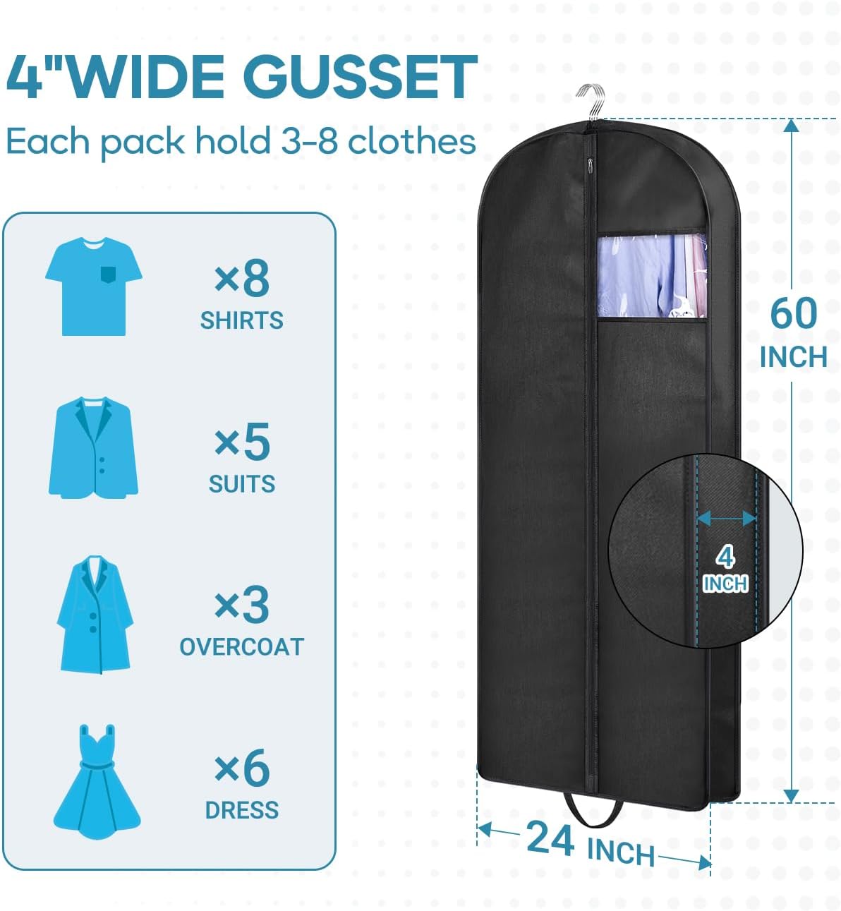 KIMBORA 60" Gusseted Hanging Garment Bags Black