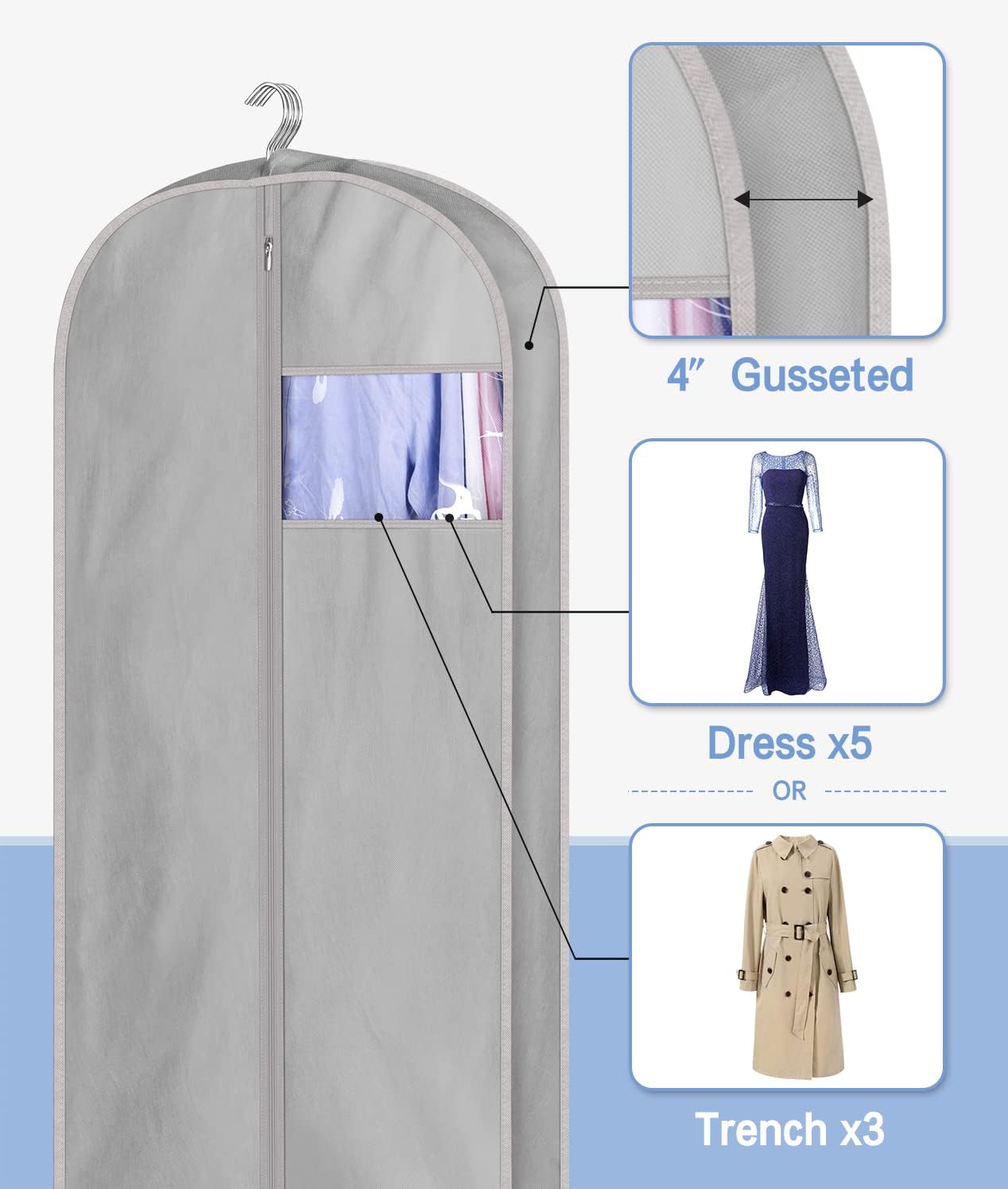 KIMBORA 60" Gusseted Hanging Garment Bags Grey(3 Packs)