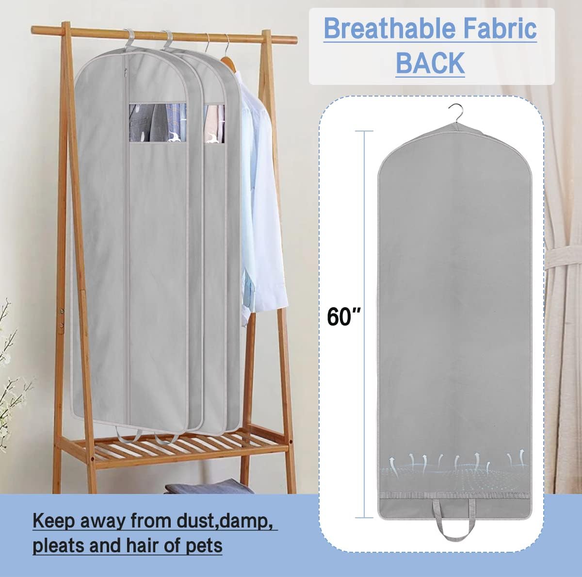 KIMBORA 60" Gusseted Hanging Garment Bags Grey(3 Packs)