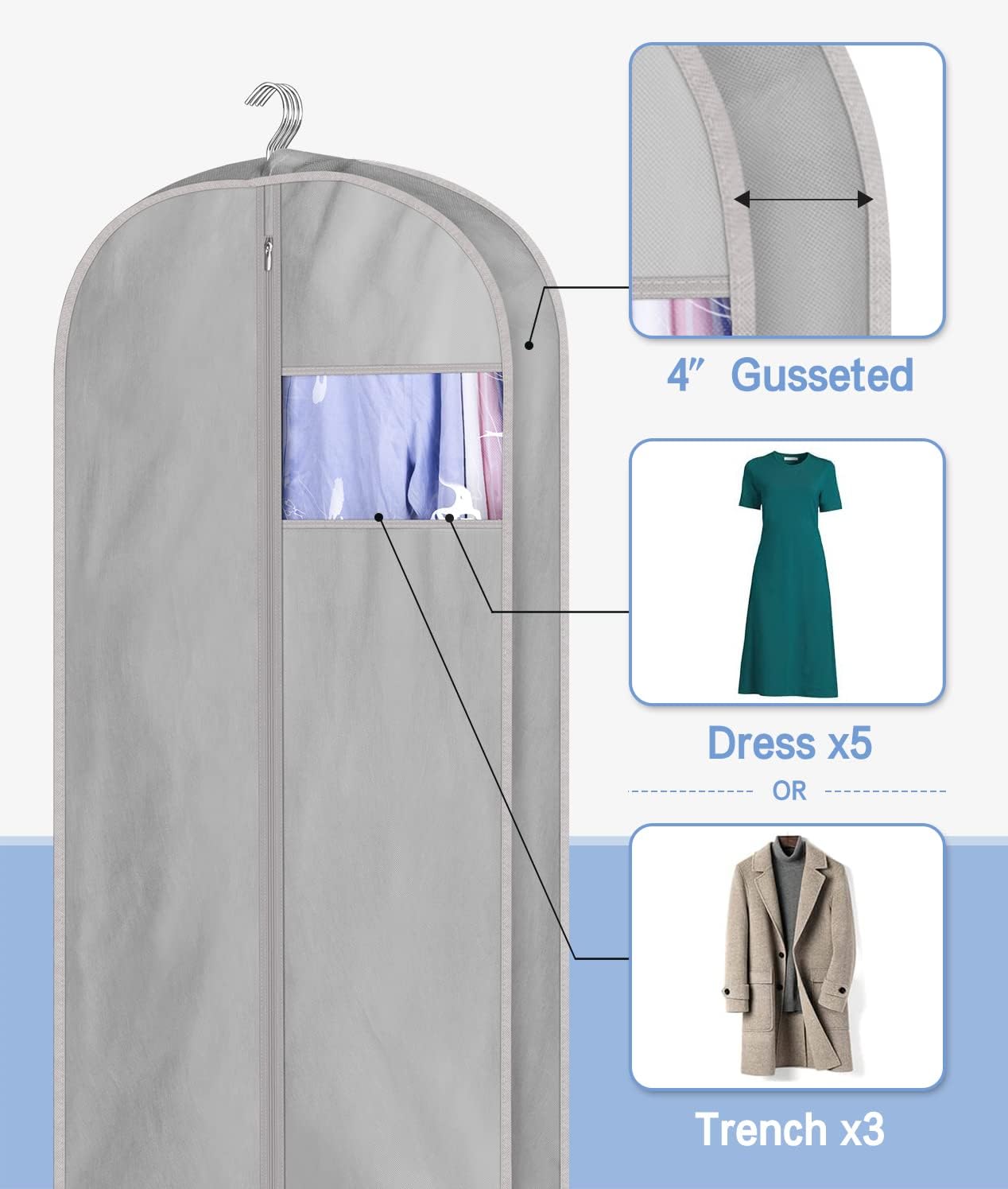 KIMBORA 54" Gusseted Hanging Garment Bags Grey(3 Packs)
