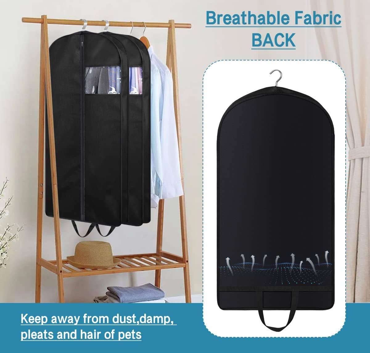 KIMBORA 43" Gusseted Hanging Garment Bags Black(3 Packs)