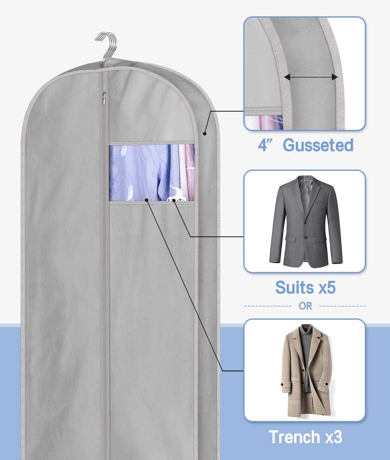 KIMBORA 43" Gusseted Hanging Garment Bags Grey(3 Packs)