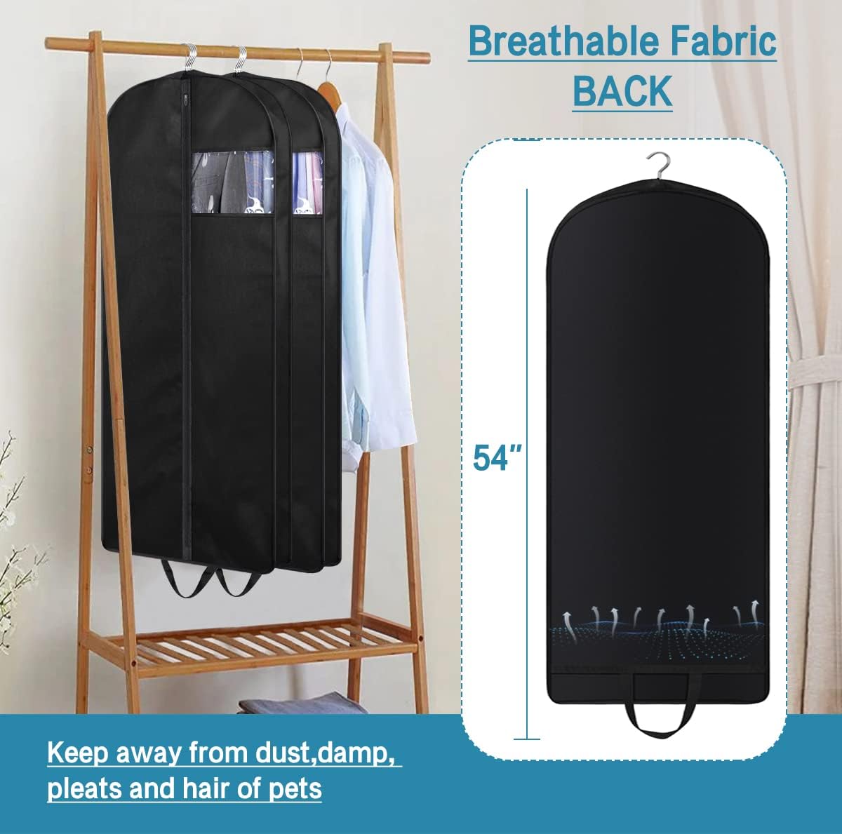 KIMBORA 54" Gusseted Hanging Garment Bags Black(3 Packs)