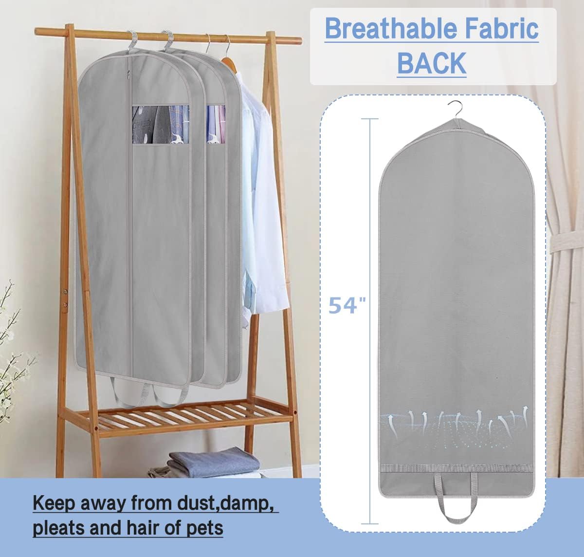 KIMBORA 54" Gusseted Hanging Garment Bags Grey(3 Packs)