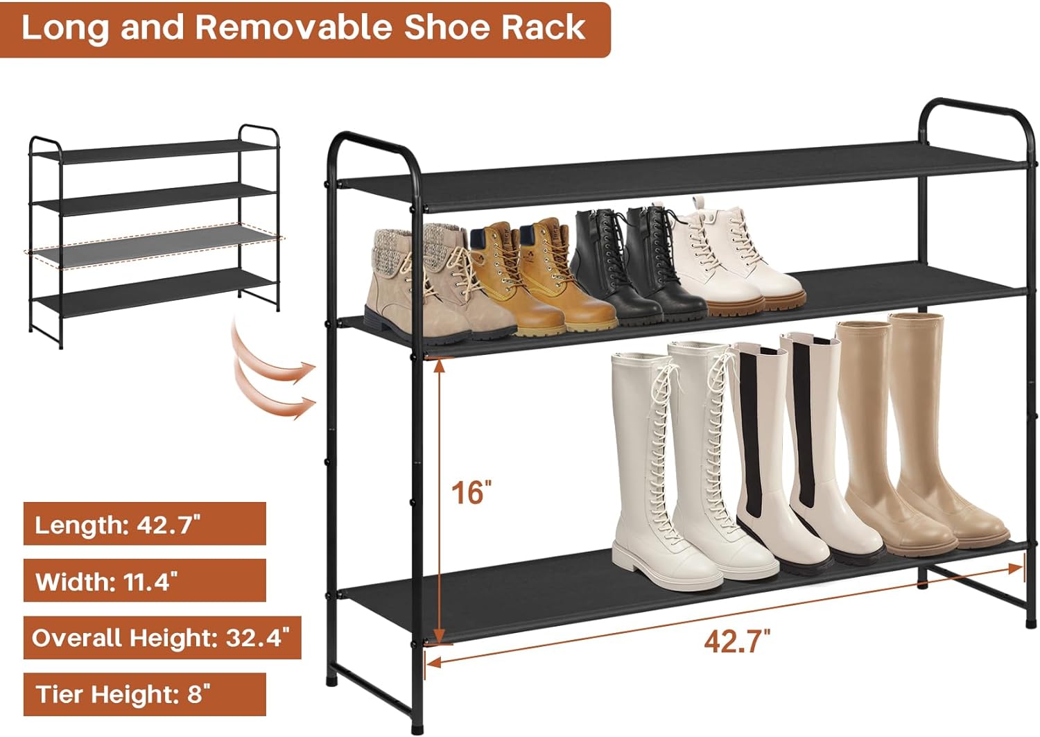 KIMBORA 4 Tier Long Shoe Rack Black