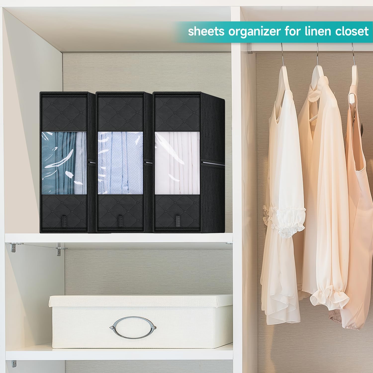 KIMBORA Foldable Bed Sheet Organizer and Storage Black (3 Pack)