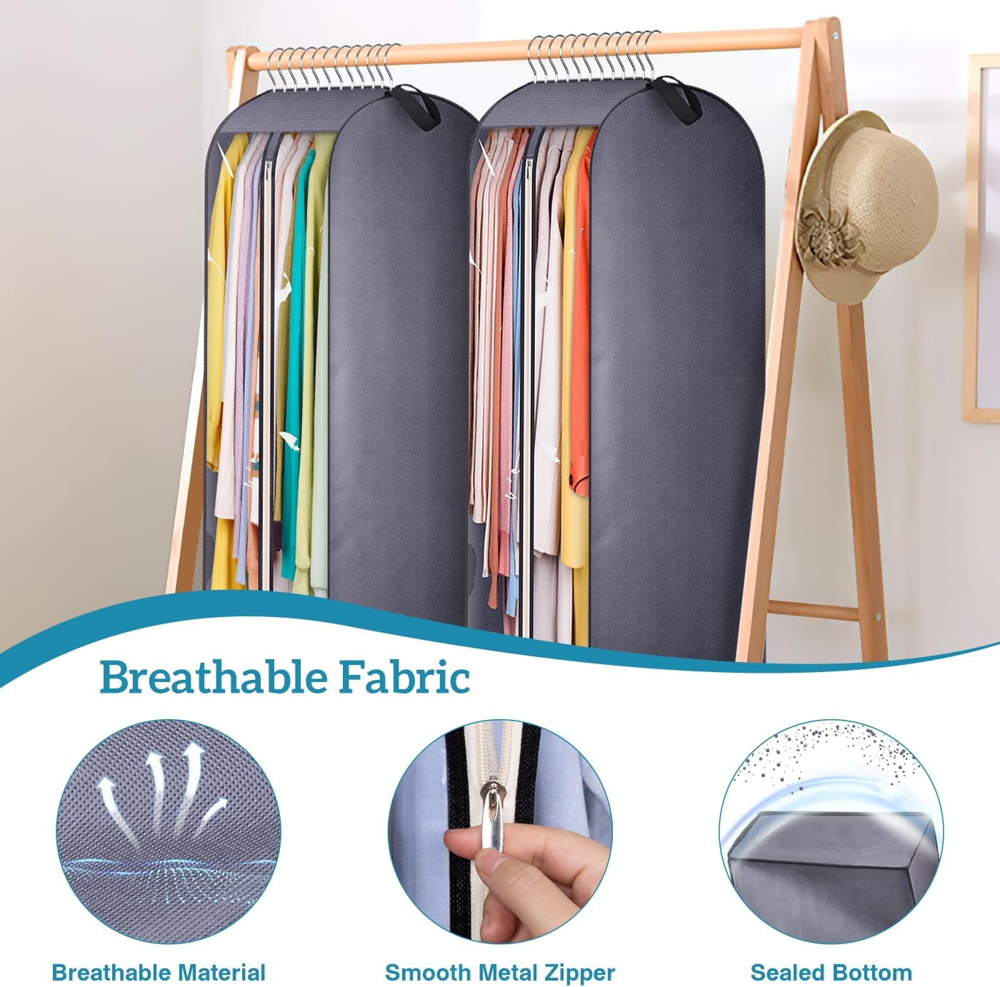 KIMBORA 43" Clear Garment Bags for Hanging Clothes Storage with 10" Gusseted Grey (2 Packs)