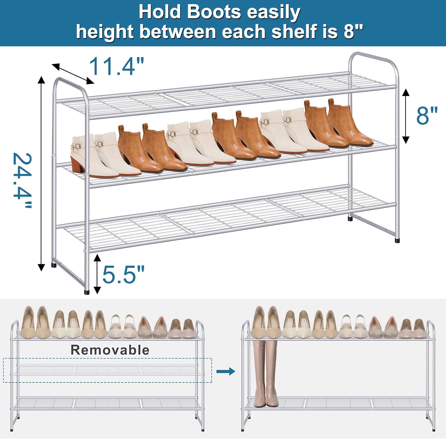 KIMBORA 3 Tier Metal Shoe Rack Grey