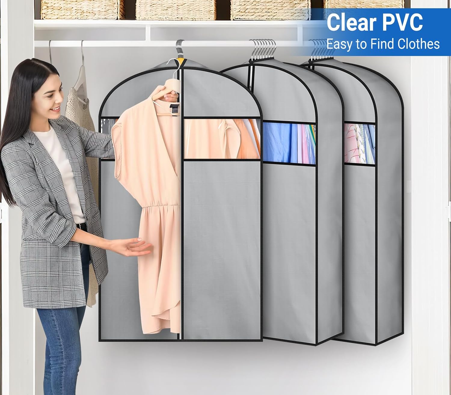 KIMBORA 6" Gusseted Garment Bags for Hanging Clothes, 40" Suit Bags for Closet Storage (Grey, 3 Packs)