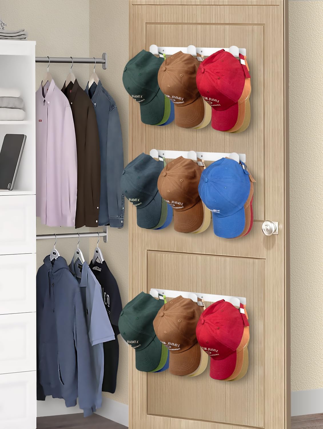 KIMBORA 4 Packs Hat Rack for Wall, Hat Organizer for Baseball Caps Holds 36 pcs Hats (White)