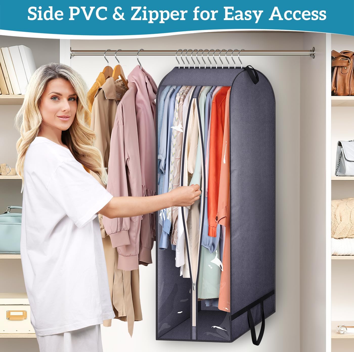 KIMBORA 43" Clear Garment Bags for Hanging Clothes Storage with 10" Gusseted Grey (4 Packs)