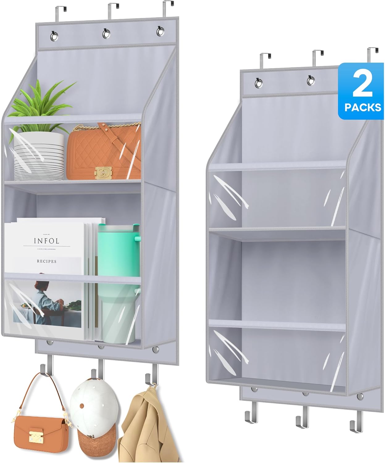 KIMBORA 2 Packs Over The Door Organizer, Clear Deeper Shelves Closet Door Organizer Hanging, Storage Hanger with 6 Coat Hooks, Grey