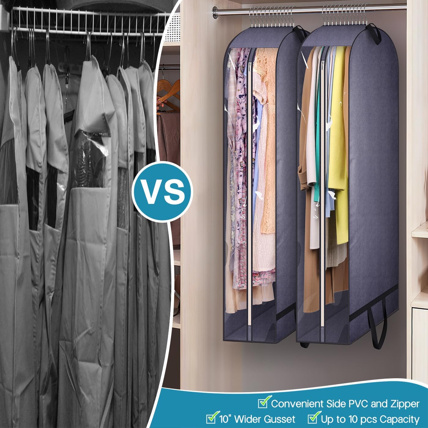 KIMBORA 54" Clear Garment Bags for Hanging Clothes Storage with 10" Gusseted Grey (2 Packs)