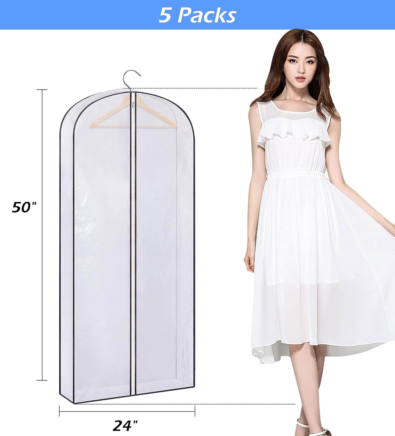 KIMBORA 50" Gusseted Hanging Garment Bags White(5 Packs)