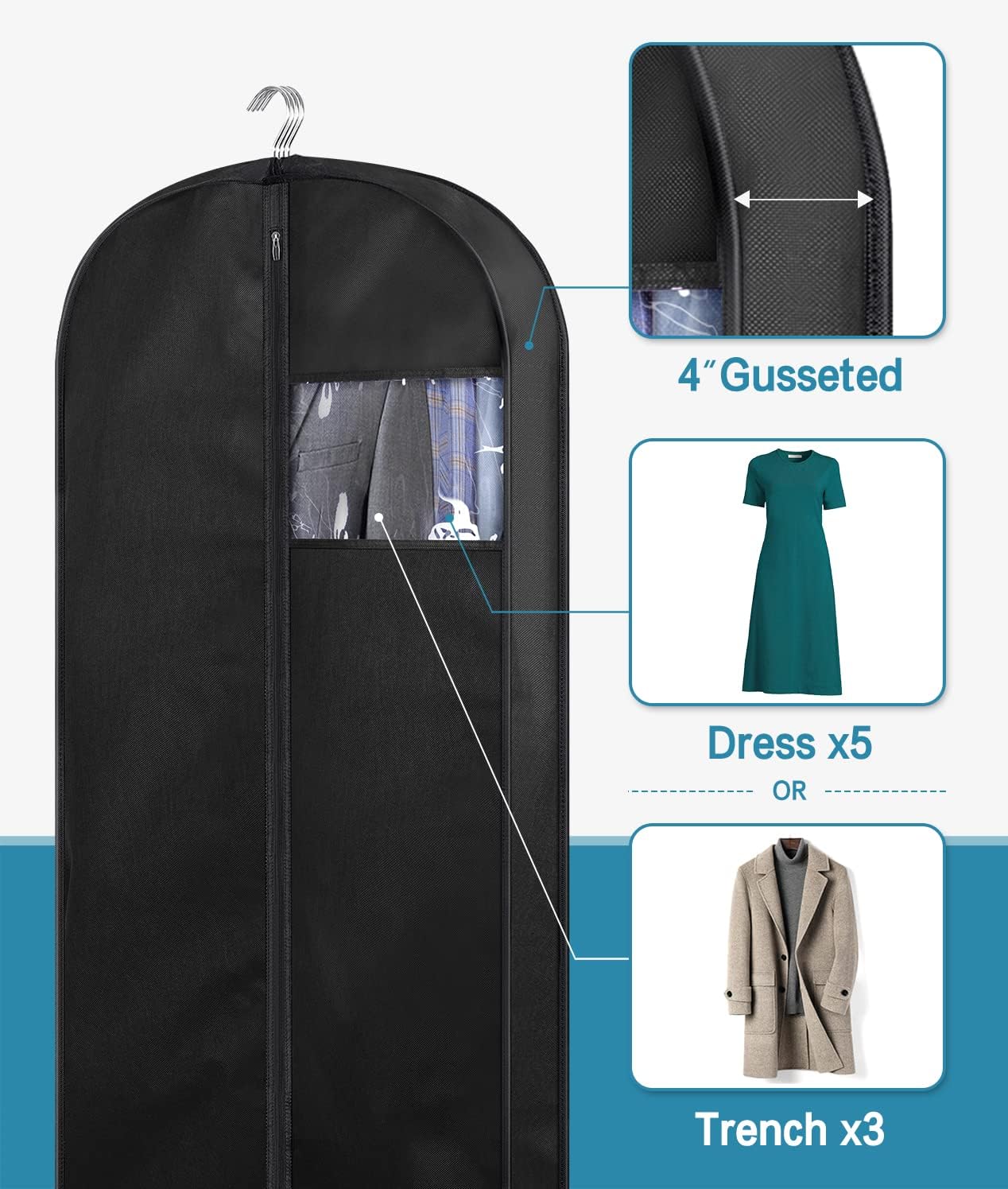 KIMBORA 54" Gusseted Hanging Garment Bags Black(3 Packs)