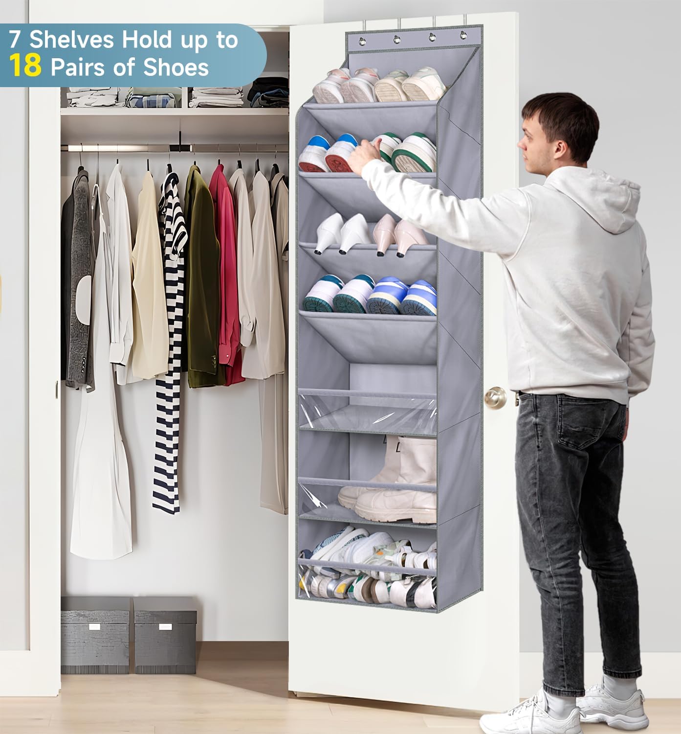 KIMBORA 7 Shelves Over the Door Shoe Organizer Grey