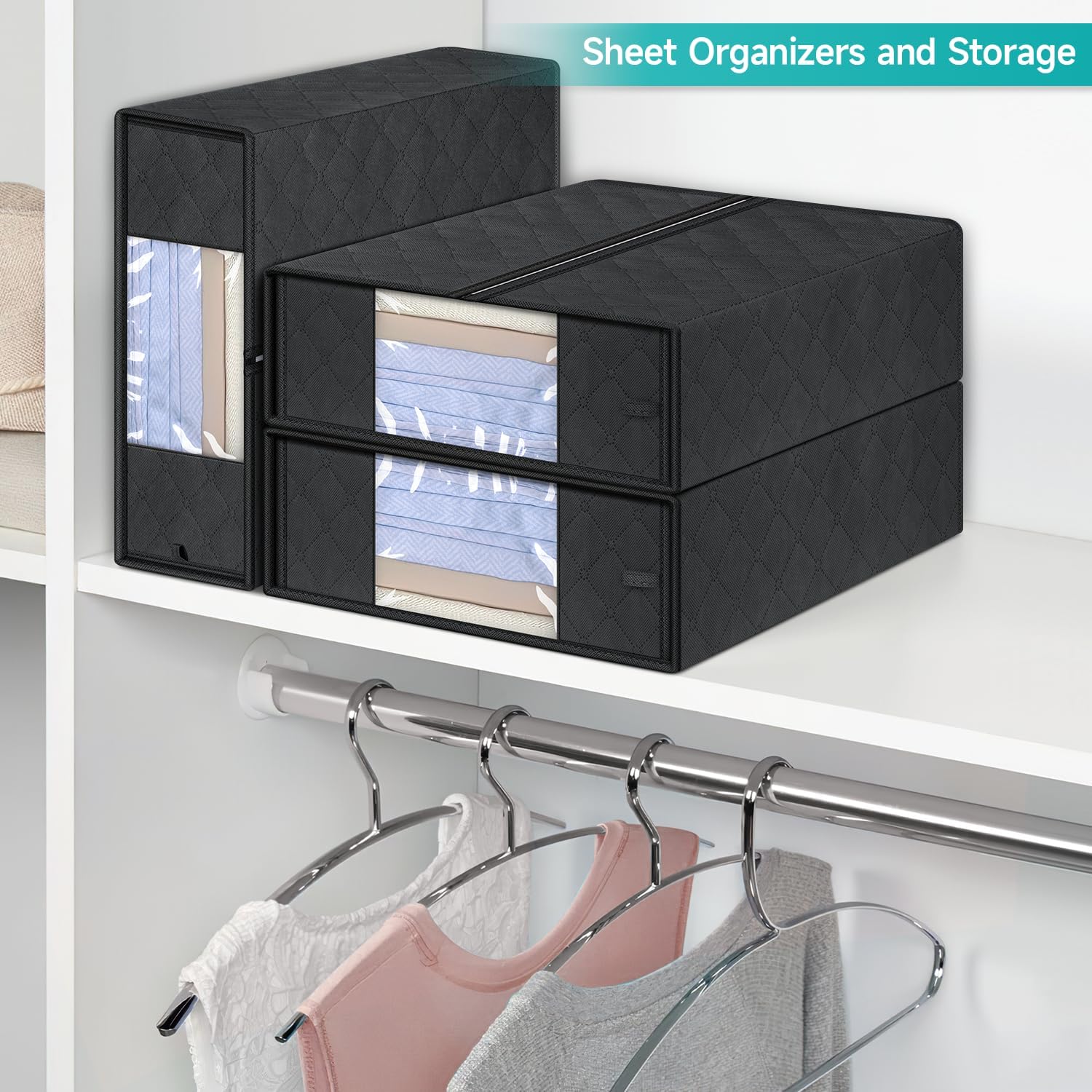 KIMBORA Foldable Bed Sheet Organizer and Storage Black (3 Pack)