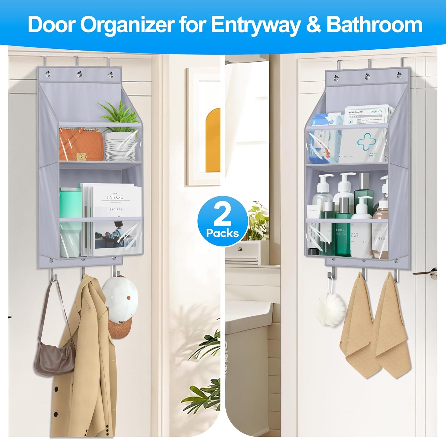 KIMBORA 2 Packs Over The Door Organizer, Clear Deeper Shelves Closet Door Organizer Hanging, Storage Hanger with 6 Coat Hooks, Grey