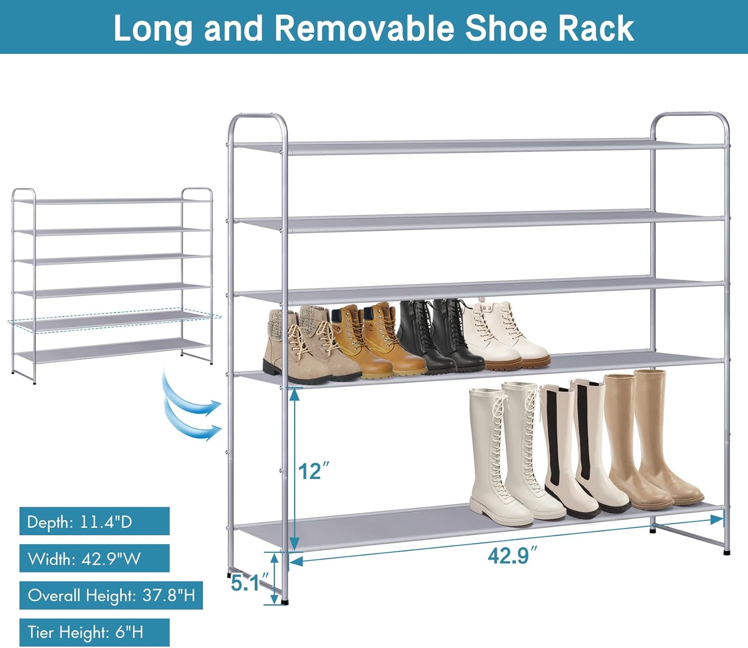KIMBORA 6 Tier Long Shoe Rack Grey