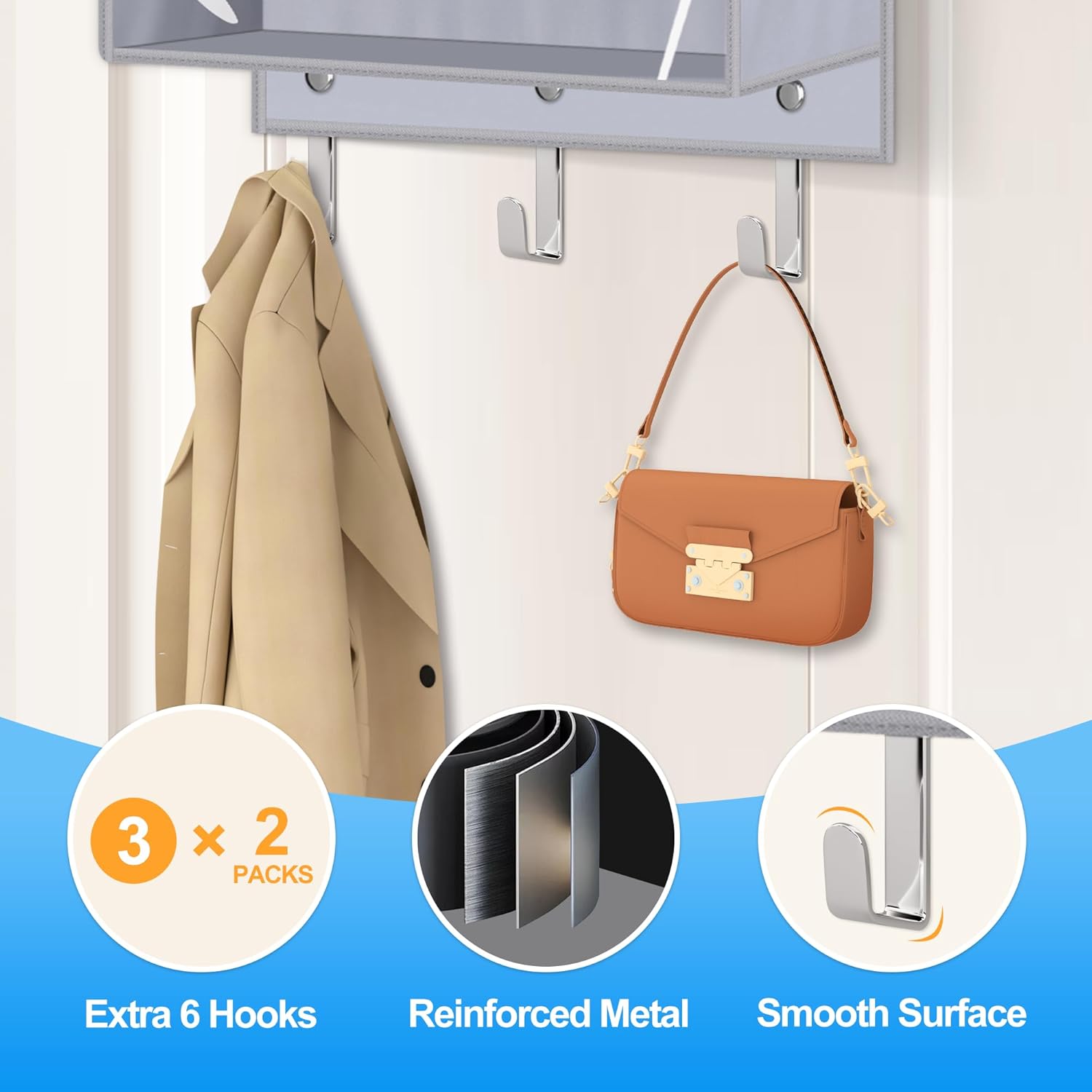 KIMBORA 2 Packs Over The Door Organizer, Clear Deeper Shelves Closet Door Organizer Hanging, Storage Hanger with 6 Coat Hooks, Grey