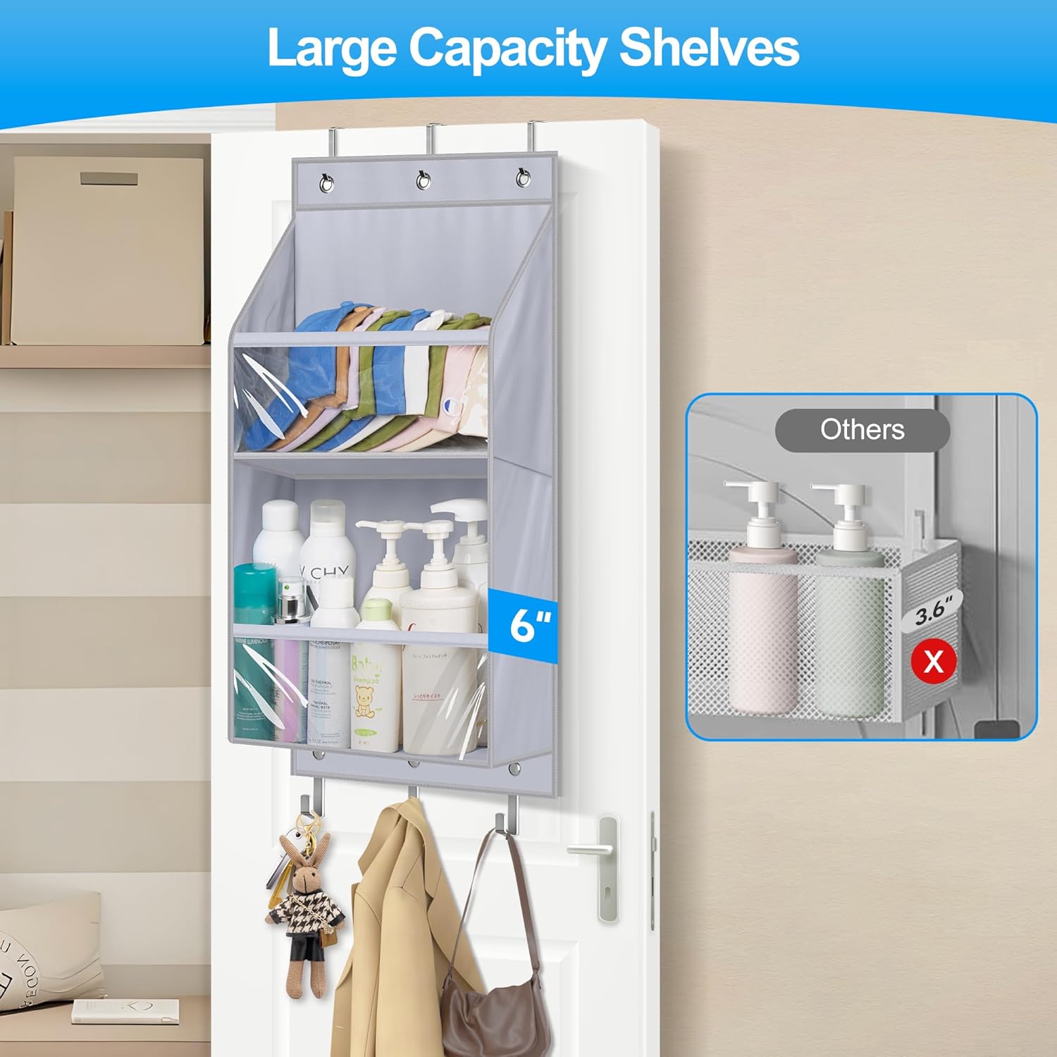 KIMBORA 2 Packs Over The Door Organizer, Clear Deeper Shelves Closet Door Organizer Hanging, Storage Hanger with 6 Coat Hooks, Grey