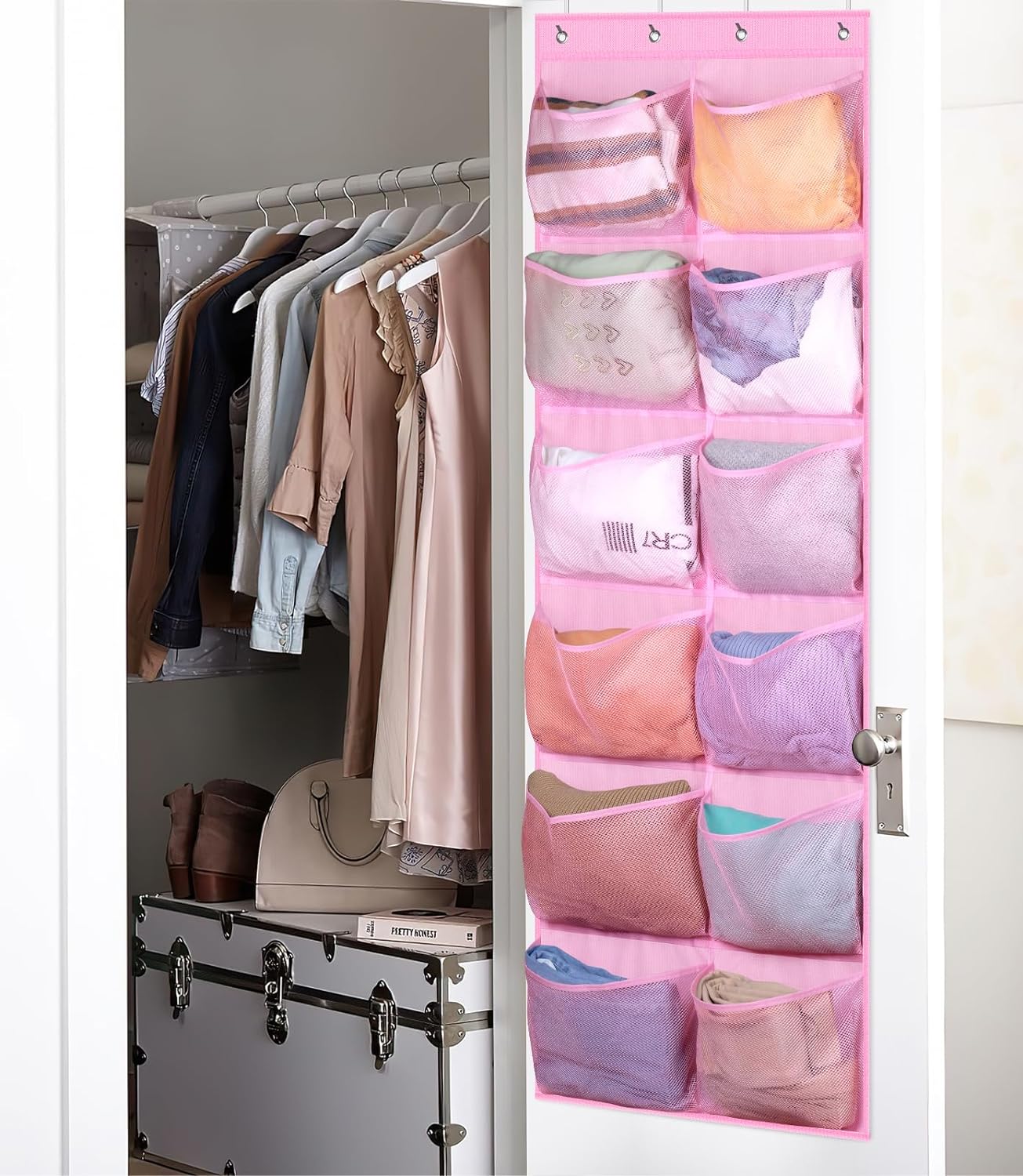 KIMBORA 12 Large Mesh Pockets Over the Door Shoe Organizer Pink