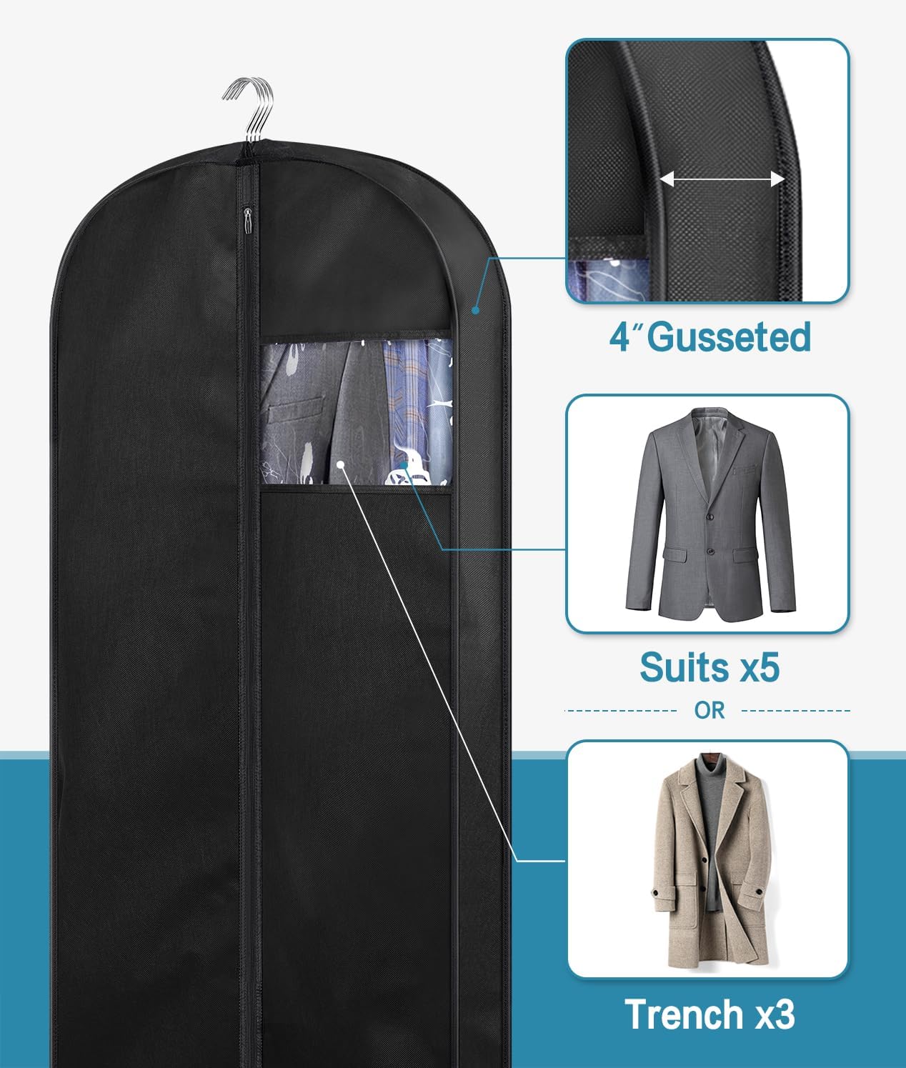 KIMBORA 43" Gusseted Hanging Garment Bags with Mesh Pockets Black(3 Packs)