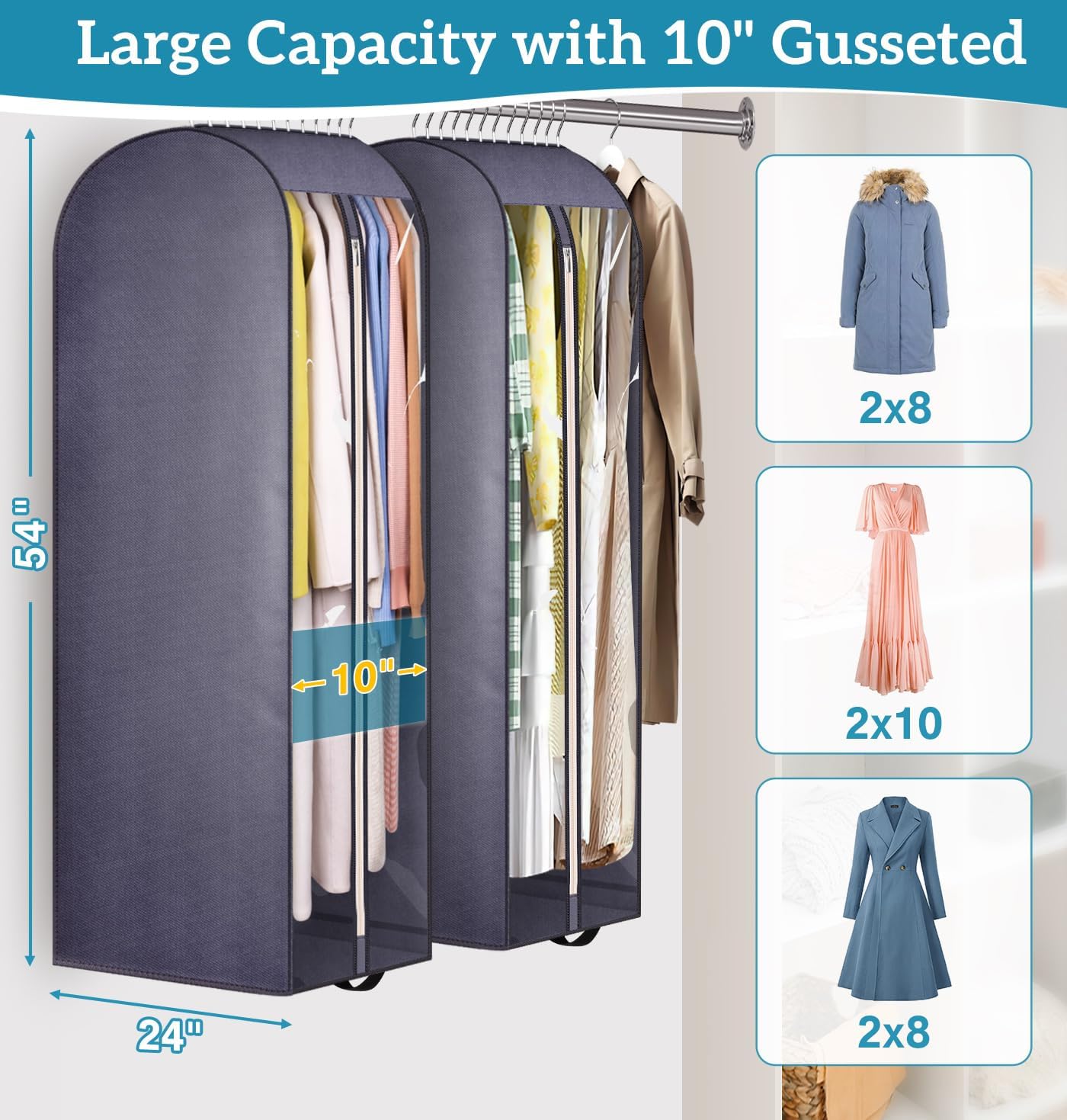 KIMBORA 54" Clear Garment Bags for Hanging Clothes Storage with 10" Gusseted Grey (2 Packs)