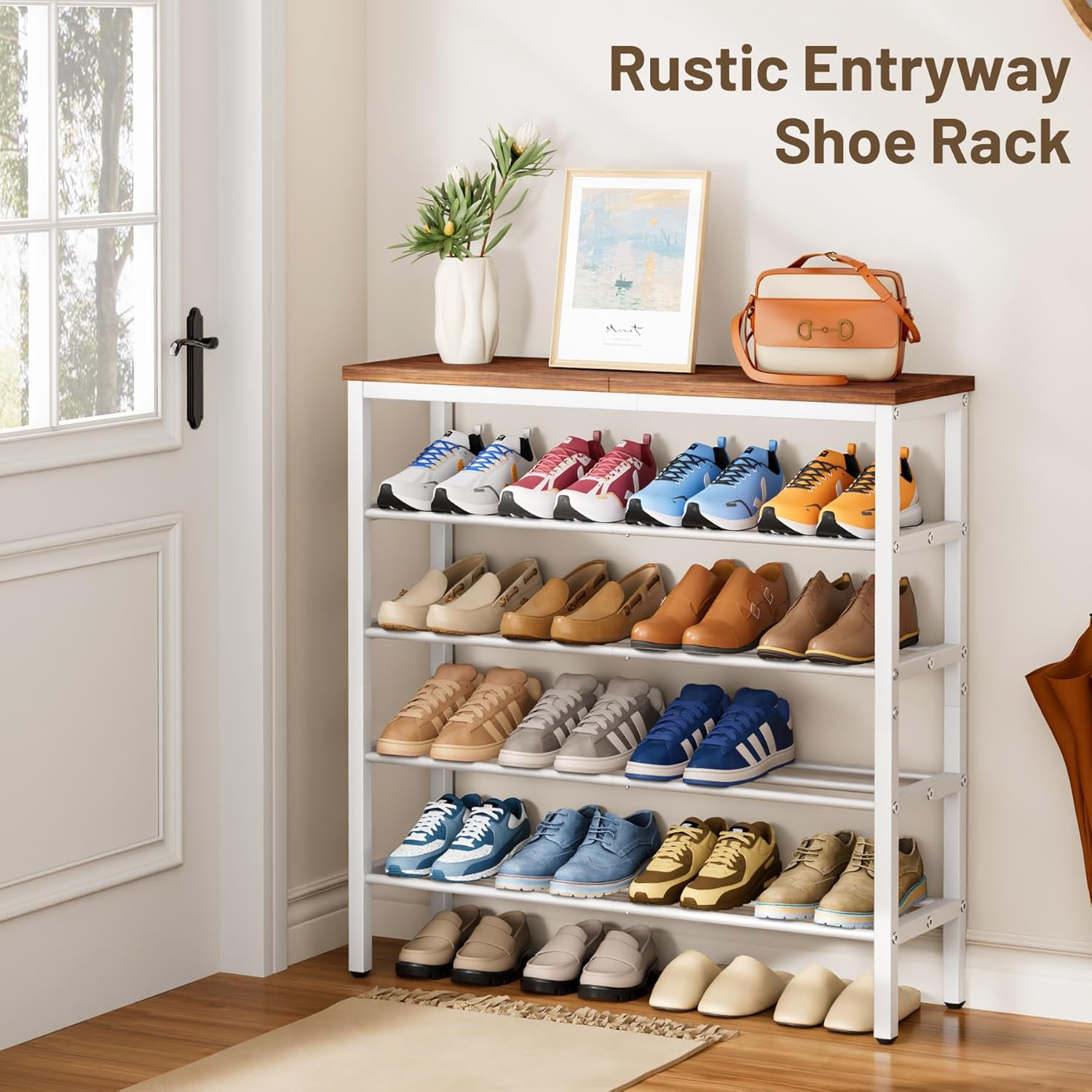 KIMBORA 5 Tier White Shoe Rack for Entryway, Rustic Brown