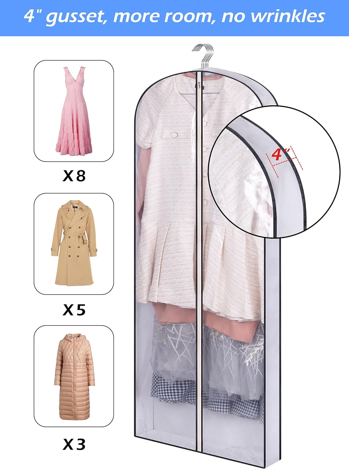 KIMBORA 60" Gusseted Hanging Garment Bags White(5 Packs)