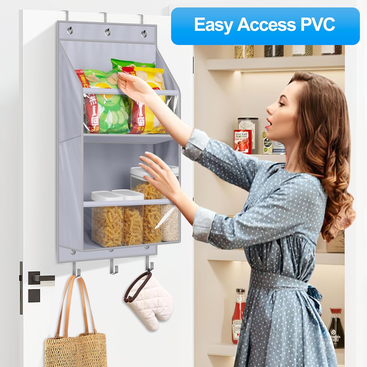 KIMBORA 2 Packs Over The Door Organizer, Clear Deeper Shelves Closet Door Organizer Hanging, Storage Hanger with 6 Coat Hooks, Grey