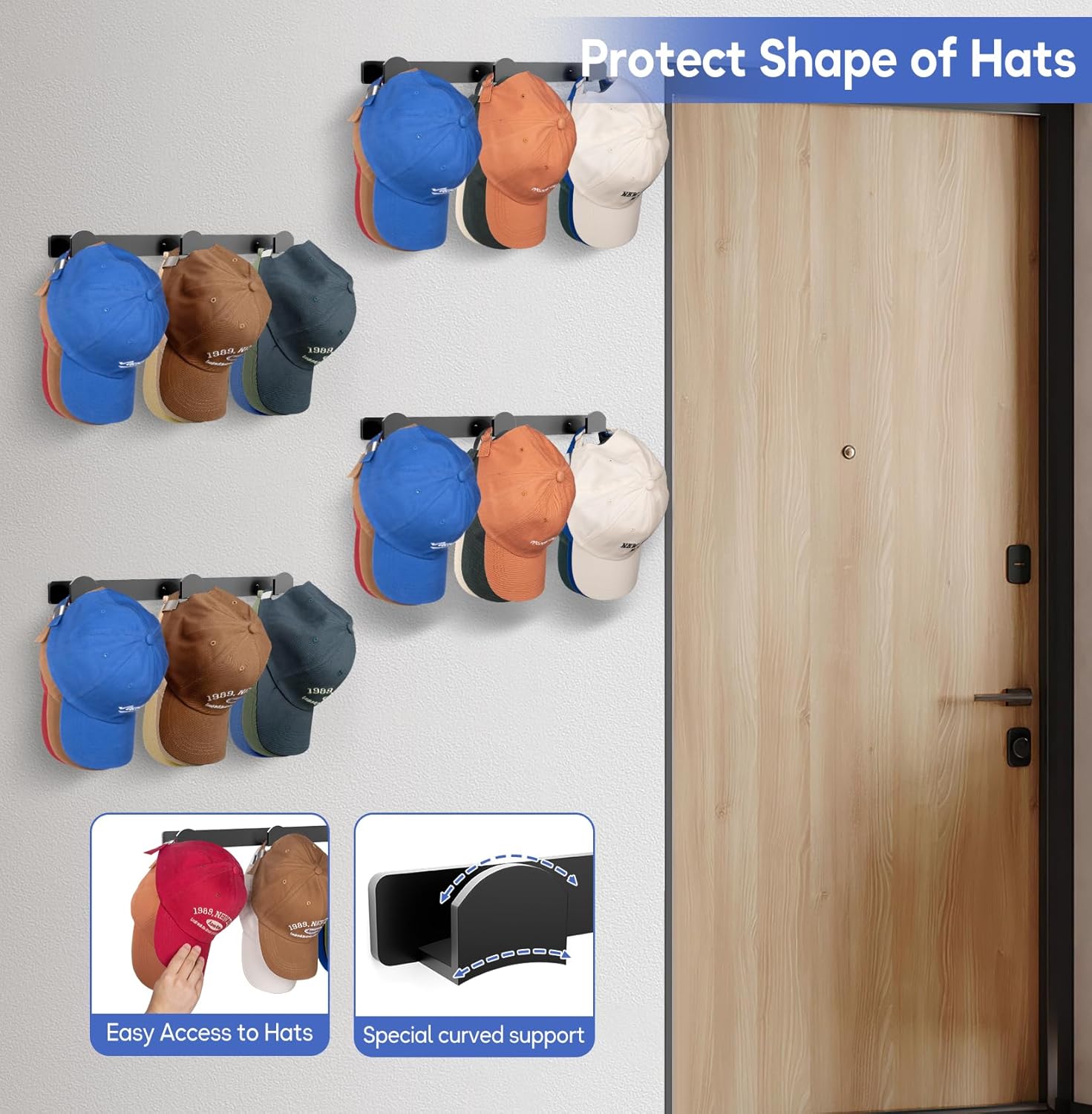 KIMBORA 4 Packs Hat Rack for Wall Black (4 Packs)