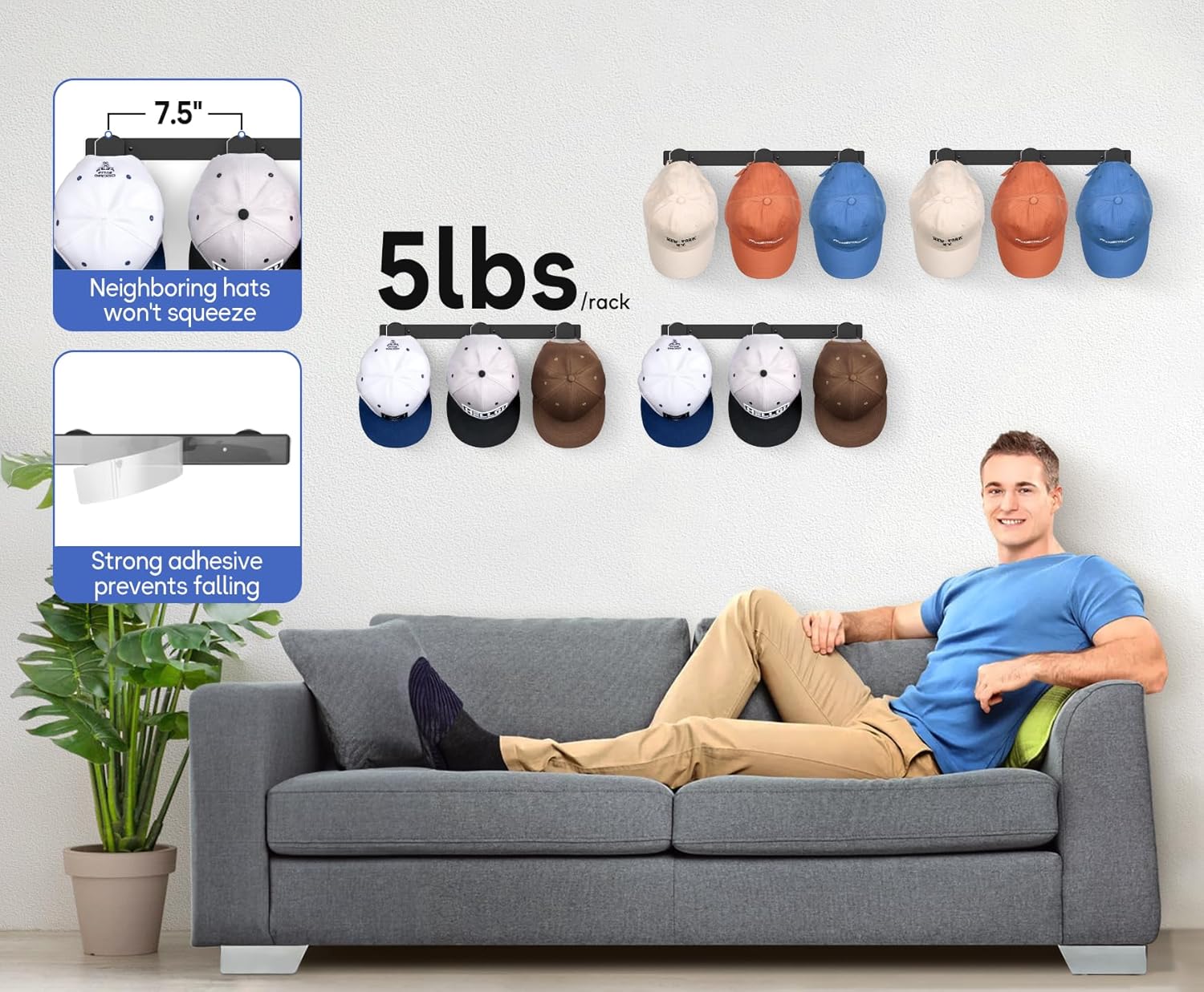 KIMBORA 4 Packs Hat Rack for Wall Black (4 Packs)