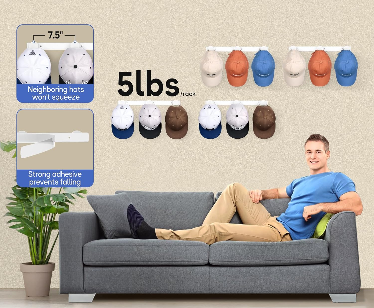 KIMBORA 4 Packs Hat Rack for Wall, Hat Organizer for Baseball Caps Holds 36 pcs Hats (White)