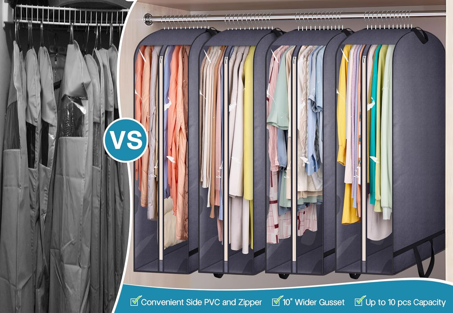 KIMBORA 43" Clear Garment Bags for Hanging Clothes Storage with 10" Gusseted Grey (4 Packs)