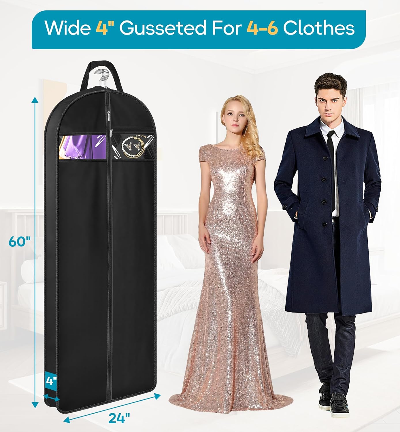 KIMBORA 60" Garment Bags for Travel with Tote Bag Long Dress Bags for Gowns (Black)