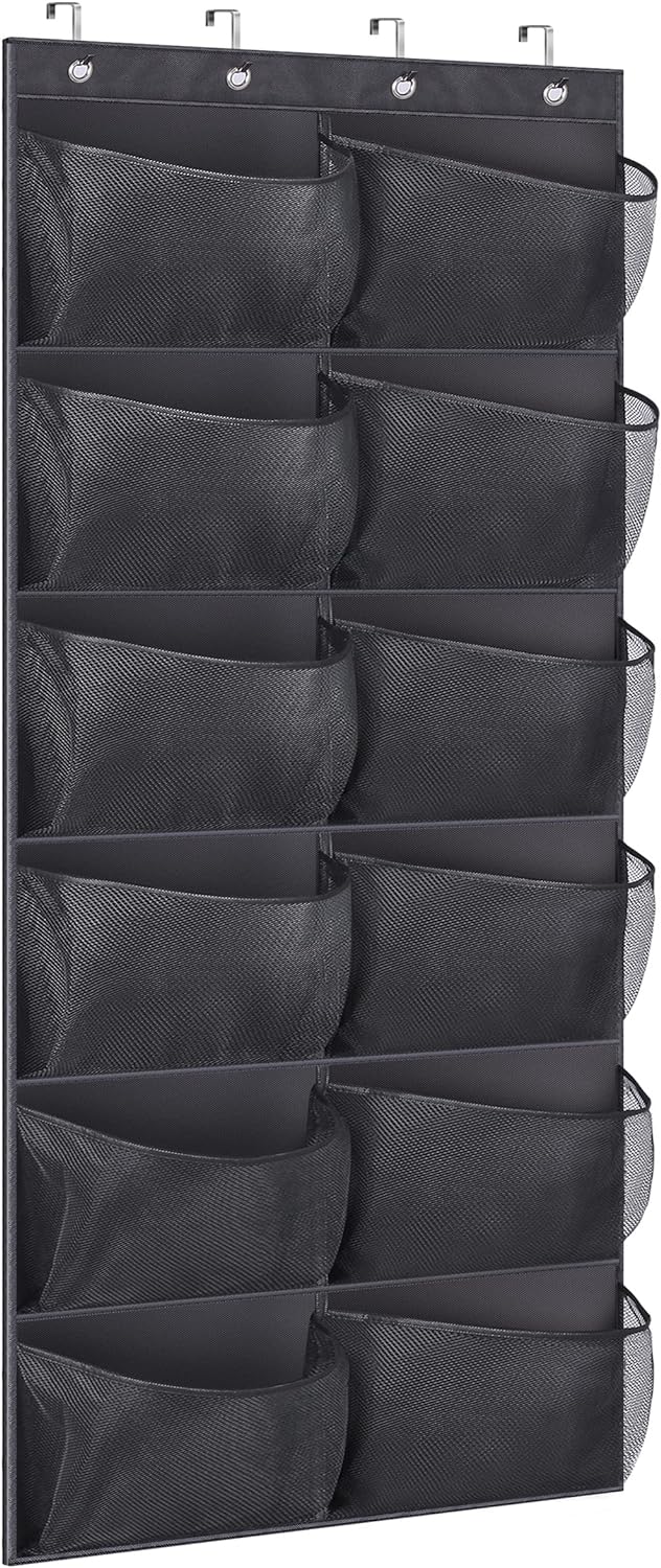KIMBORA 12 Large Mesh Pockets Over the Door Shoe Organizer Black
