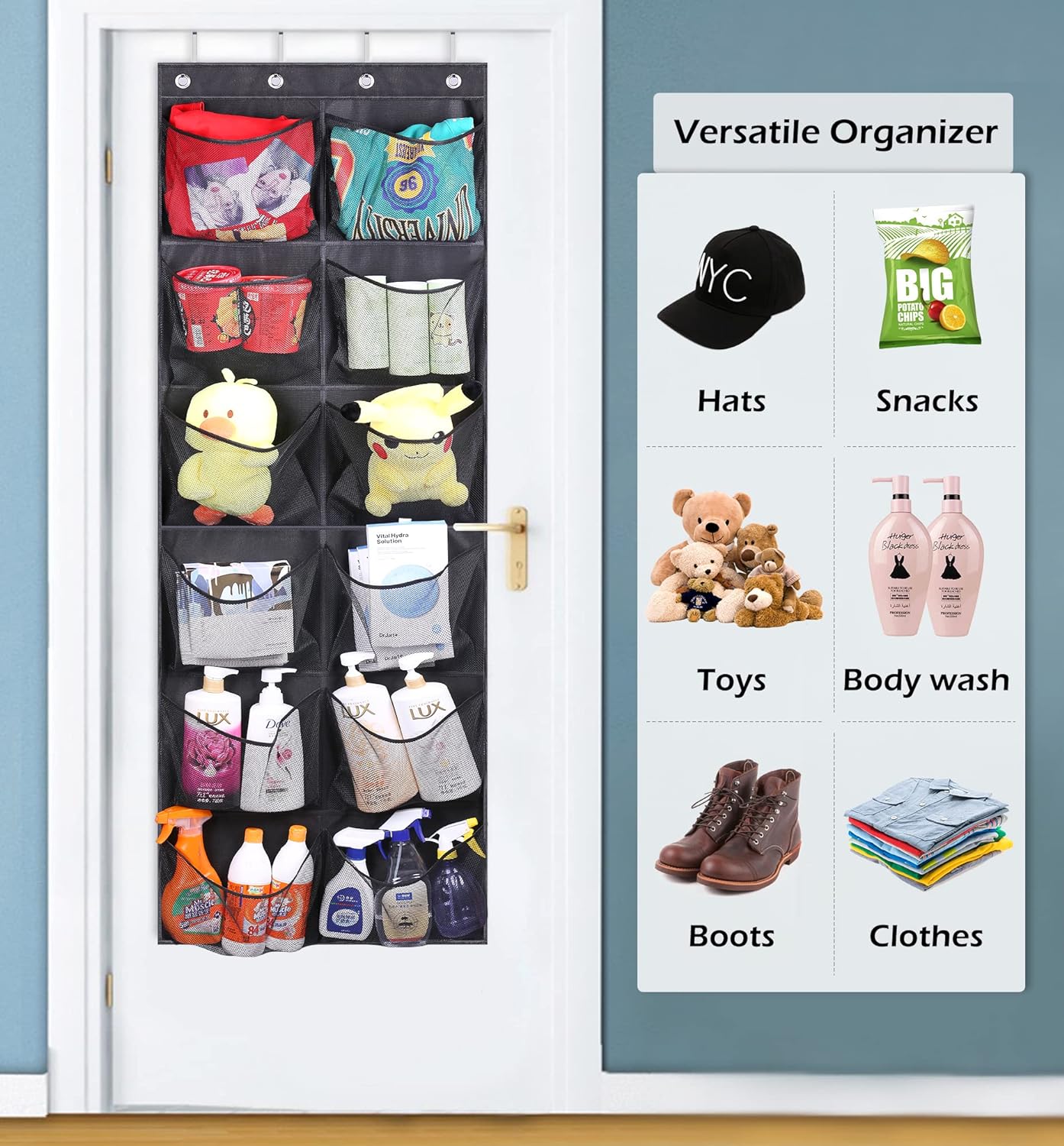 KIMBORA 12 Large Mesh Pockets Over the Door Shoe Organizer Black