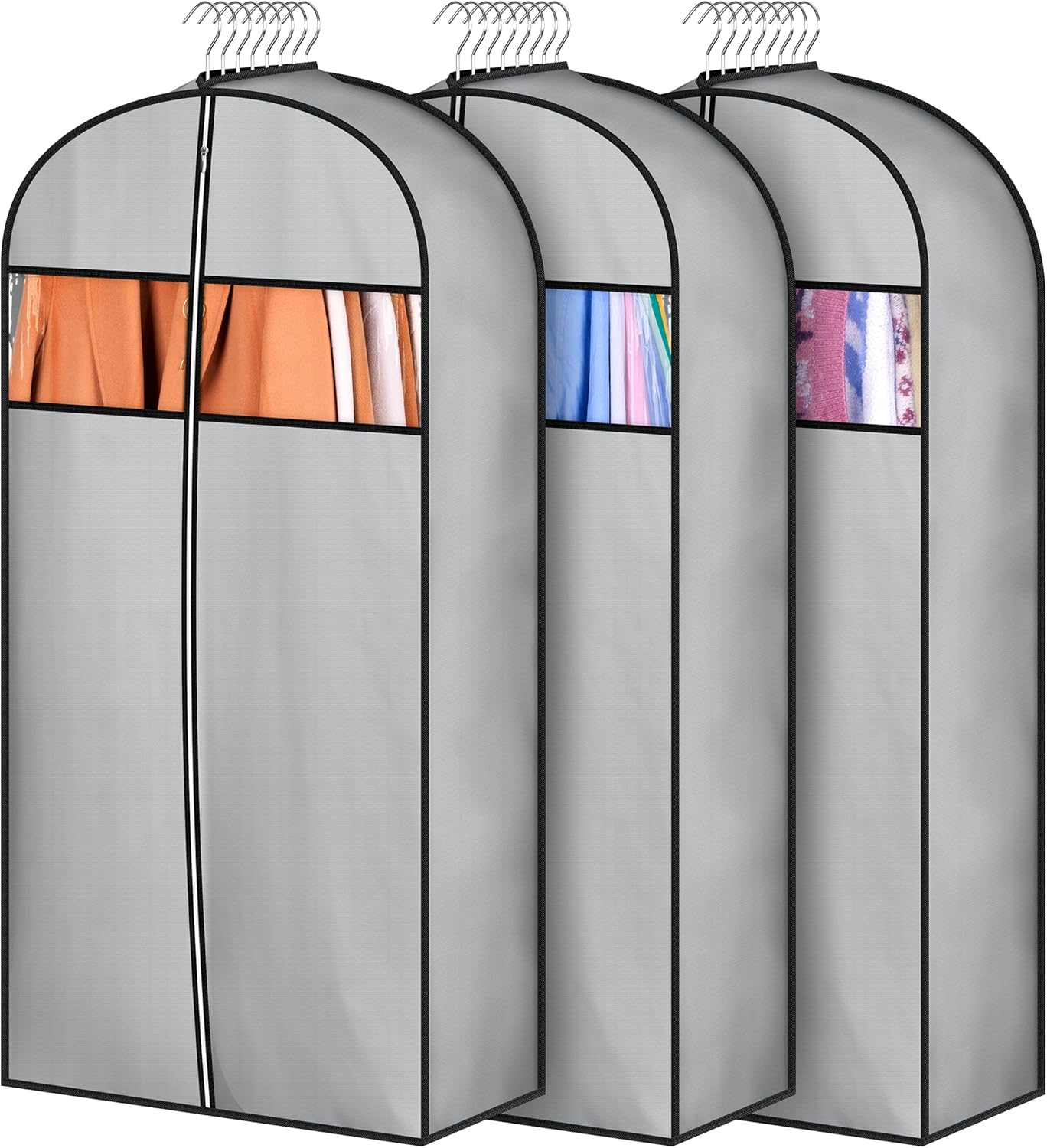 KIMBORA 6" Gusseted Garment Bags for Hanging Clothes, 40" Suit Bags for Closet Storage (Grey, 3 Packs)