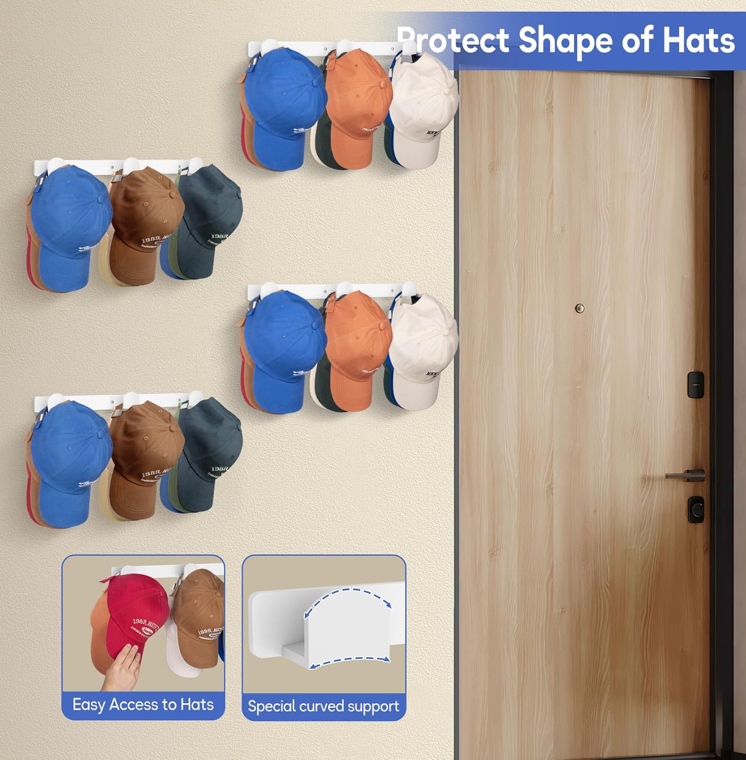 KIMBORA 4 Packs Hat Rack for Wall, Hat Organizer for Baseball Caps Holds 36 pcs Hats (White)