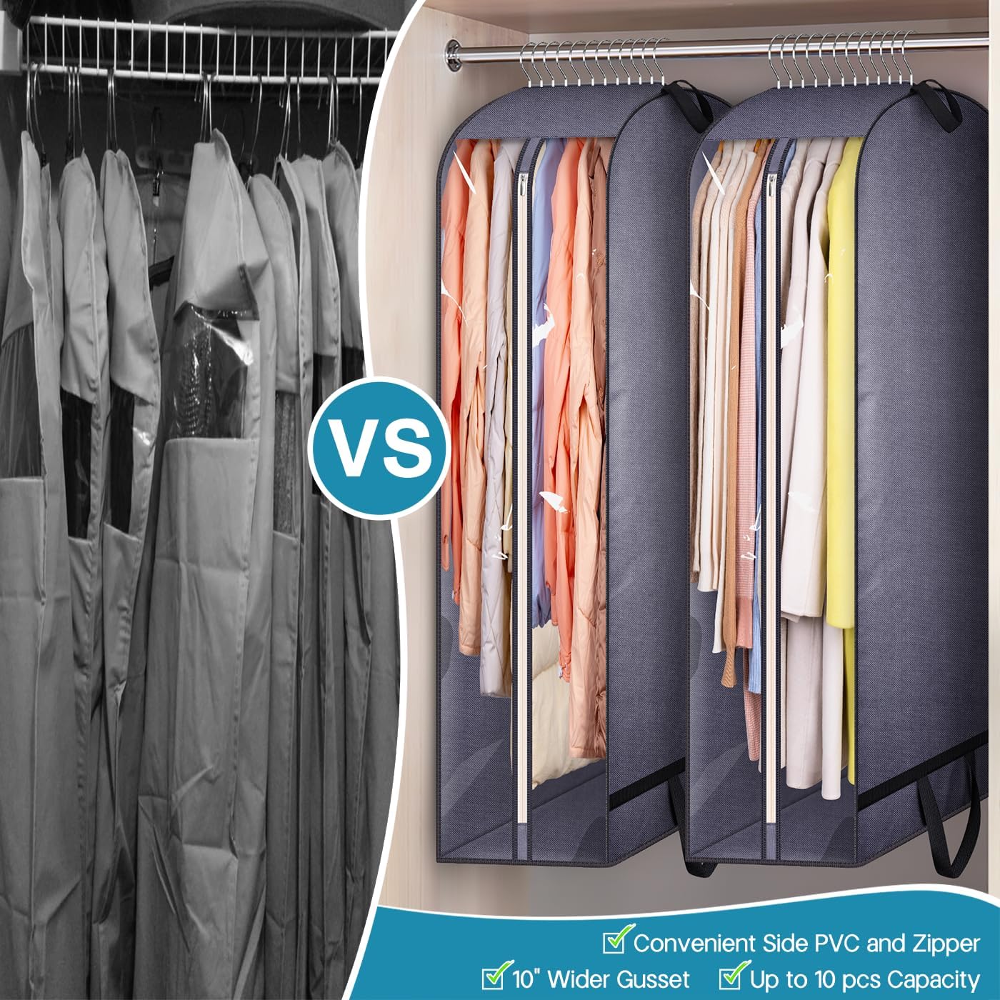 KIMBORA 43" Clear Garment Bags for Hanging Clothes Storage with 10" Gusseted Grey (2 Packs)