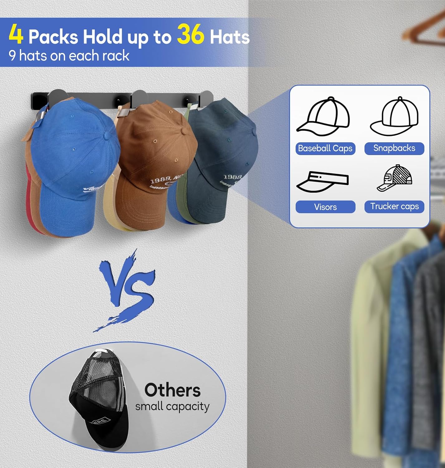 KIMBORA 4 Packs Hat Rack for Wall Black (4 Packs)