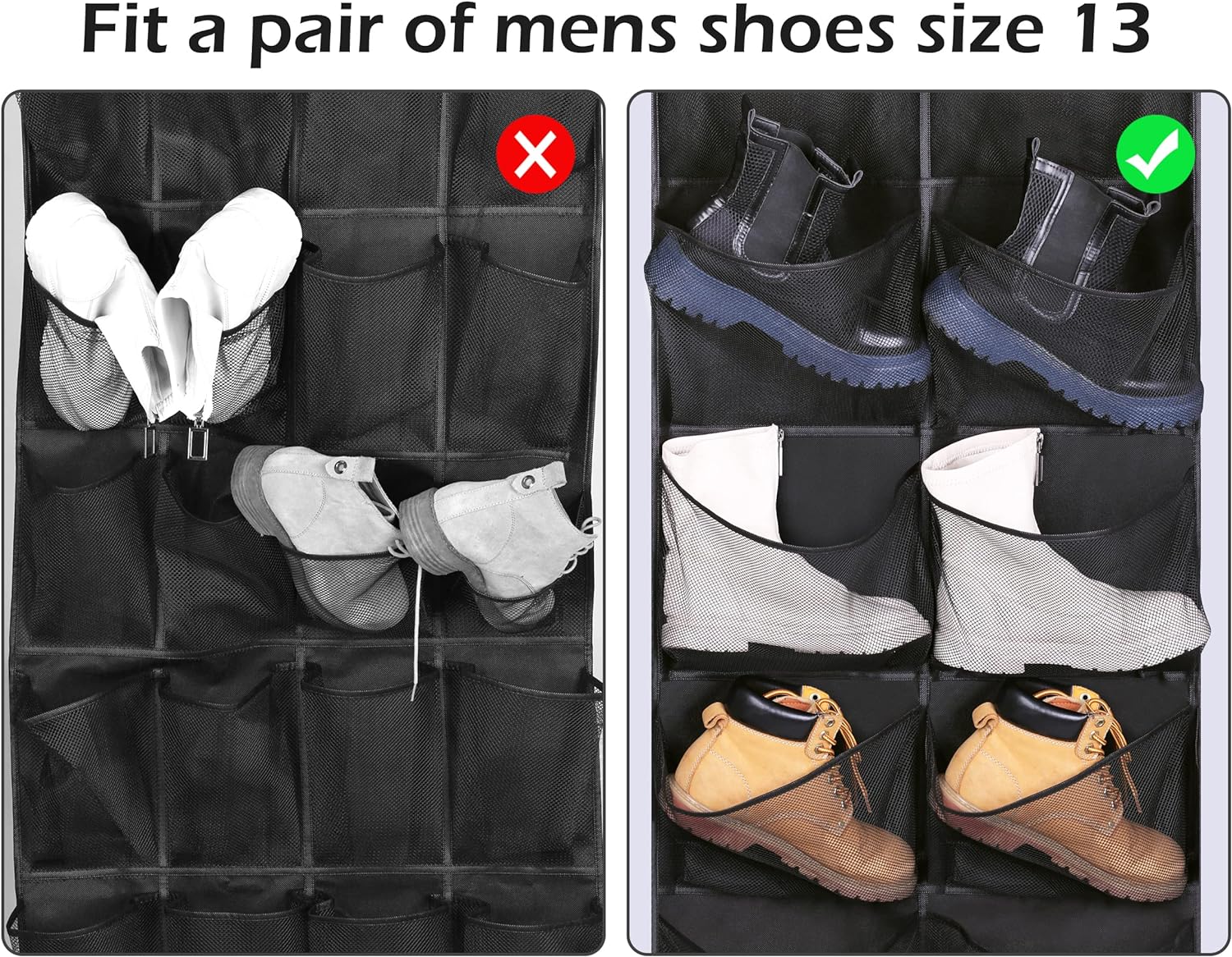 KIMBORA 12 Large Mesh Pockets Over the Door Shoe Organizer Black