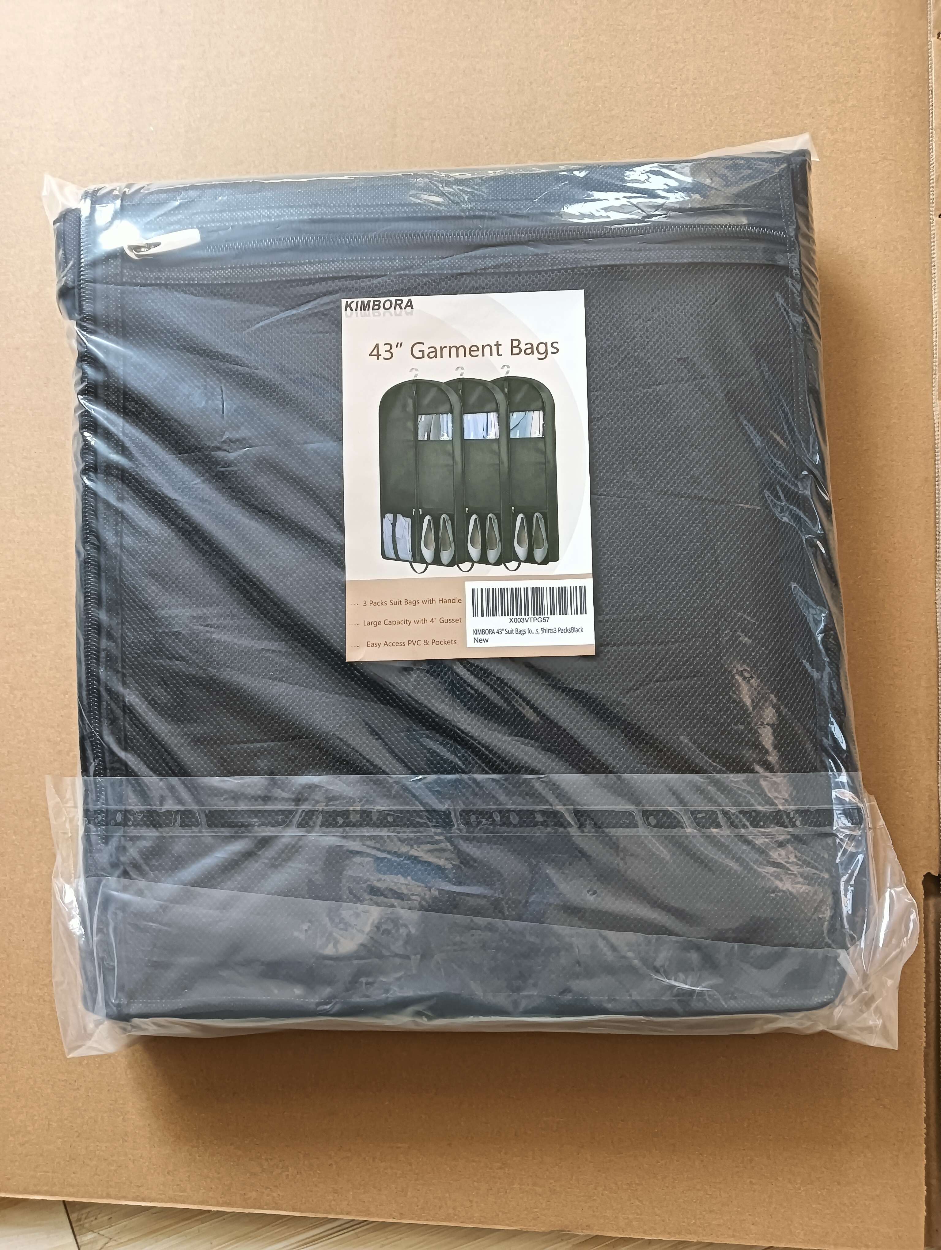 KIMBORA 43" Gusseted Hanging Garment Bags with Mesh Pockets Black(3 Packs)